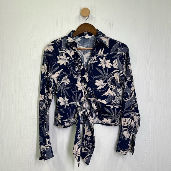 Panama Jack - Blue Linen Blend Tropical Palm Leaf Pattern Tie Blouse Size XS - Picture 6 of 9